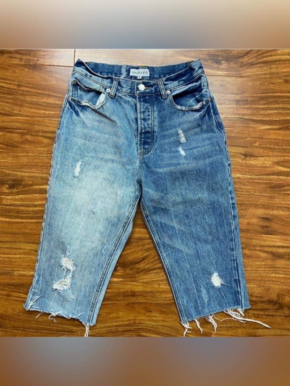 Maurie + Eve Women 2 Tone Distressed High Waist Crop Cotton Jean Shorts Size 4
